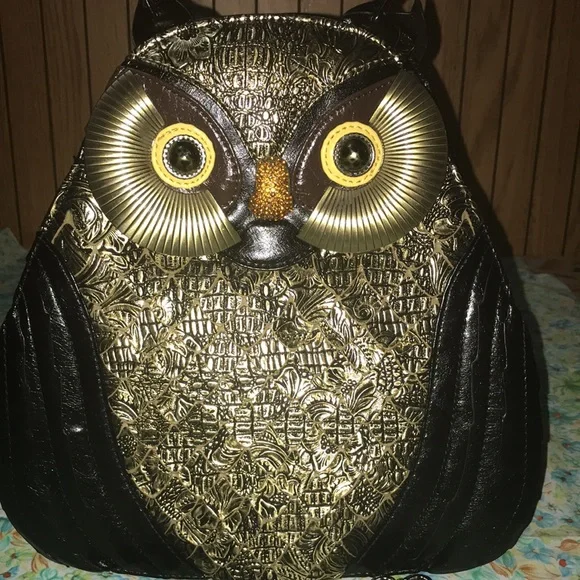 Black & gold leather owl engma backpack purse - Picture 2 of 7